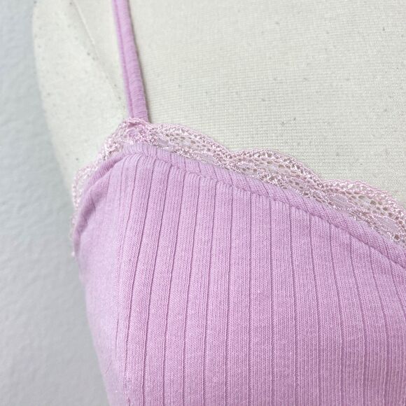 Pac Cares Pink Crop Baby Doll Halter Top Medium Ribbed Knit Lace Boho Fairy Goth - Picture 3 of 9